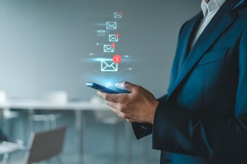 Businessman in a suit holding a smartphone with glowing digital icons representing communication and technology floating above the screen in a modern office setting