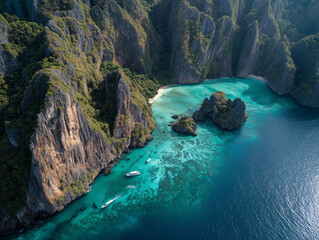 Phi Phi Islands aerial view with turquoise water and cliffs
