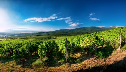 panoramic view with vines vine field with grapes sweet brand sakar mountain bulgaria eu europe selective focus