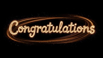 Glowing congratulatory title animation video with golden light trails on black background