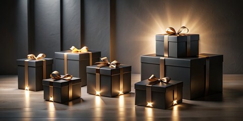 A Collection of Elegantly Wrapped Dark Gray Presents with Golden Ribbons Illuminated by Warm Light on a Wooden Surface