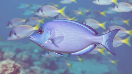 Naklejka premium Purple tang gliding near yellowtail fusiliers, navigating marine landscape with elegant movement through vivid azure underwater environment