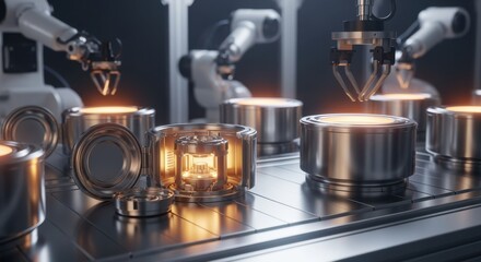 Assembly line photo capturing multiple radioisotope thermoelectric generator heatsource encapsulation cells before final sealing and testing.