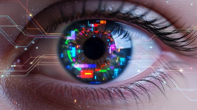 Human Eye Close Up with Digital Circuit Overlay Featuring Colorful Geometric Patterns and Futuristic Technology Concept with Artificial Intelligence Theme