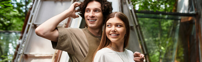 Joyful moments shared by a young couple enjoying their time together in a peaceful park setting
