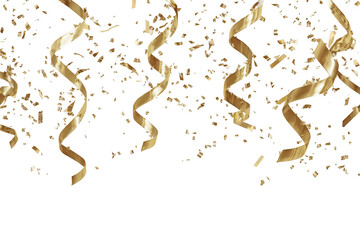Gold confetti and ribbons falling on black background