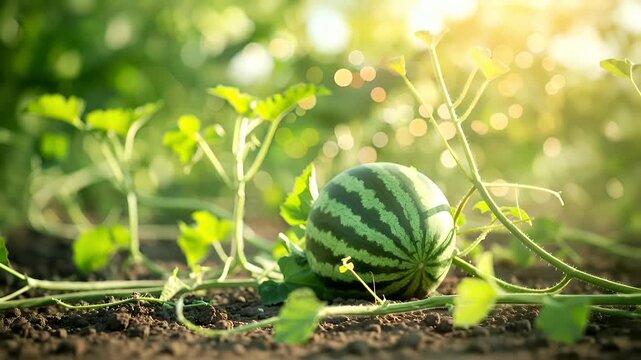 A closeup shot of a watermelon in a garden setting. The watermelon is in the foreground, with its green and black striped pattern clearly visible.