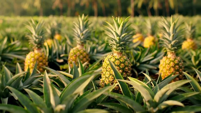 A closeup shot of a pineapple field during what appears to be the golden hour, with the sun casting a warm, golden hue over the scene. The pineapple is prominently displayed in the foreground.