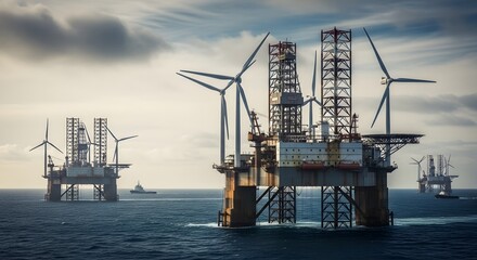 Offshore wind turbines and oil rigs in the ocean, representing renewable energy generation and industrial infrastructure in a marine environment