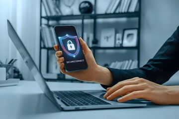 Close up of a person holding a smartphone displaying a digital padlock icon and binary code over a laptop keyboard in a modern office setting