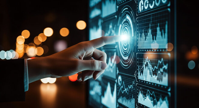 Businessman touching a futuristic digital screen with a holographic user interface showing data analytics and business intelligence charts.