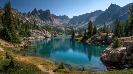 Lake reflects jagged peaks framed by trees and rocks in a scenic mountain landscape