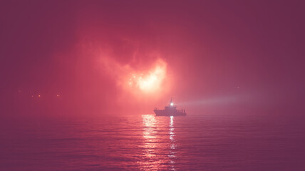 Coast guard ship illuminating the sea with a spotlight during a night search and rescue operation with flares illuminating the fog