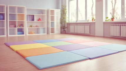 Colorful foam mats padding vibrant kindergarten gym floor, supporting active early childhood learning and movement