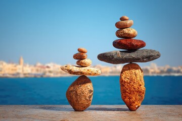 Two stone towers balanced precariously on a wooden surface, with a coastal town and ocean in the background