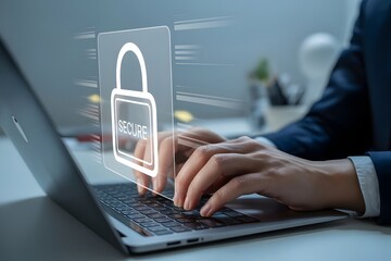 Close up of a person typing on a laptop with a glowing digital padlock icon overlay symbolizing cybersecurity data protection and online safety