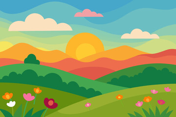 Obraz premium Vibrant flat design landscape with rolling hills and flowers at sunrise