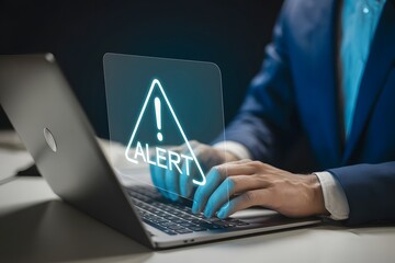 Businessman wearing a suit typing on a laptop with a glowing blue alert symbol and warning triangle overlaying the screen indicating a cyber security threat or important notification