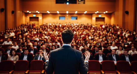 Businessman giving a presentation on stage to a large audience in an auditorium.