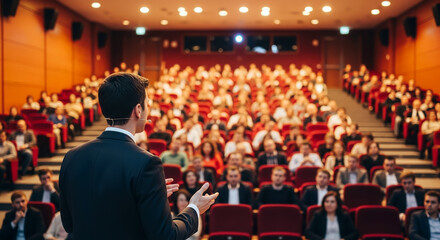 Male keynote speaker giving a presentation to an audience at a business conference