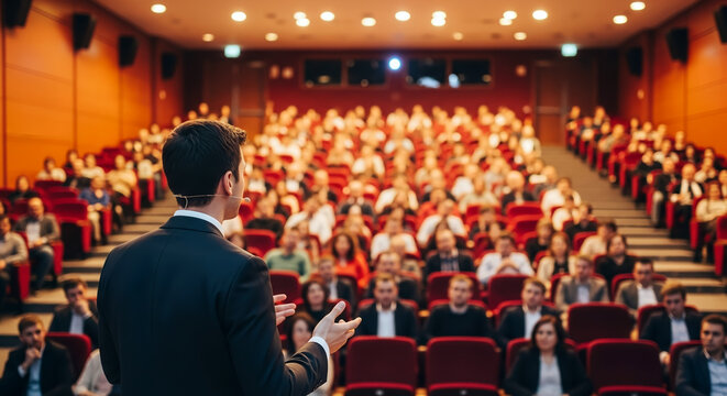 Male keynote speaker giving a presentation to an audience at a business conference