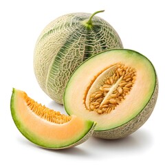 Edisto 47 Melon Sun-Kissed Orange Melon with Distinctive Netting and Lively Texture, Exuding Sweetness and Farm-Fresh Appeal on a Crisp White Background for a Bright, Modern Look