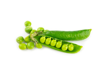 Fresh green pea pods with green peas isolated on white background. Sweet green peas. Green pea beans vegetables. Vegan. healthy vegetable