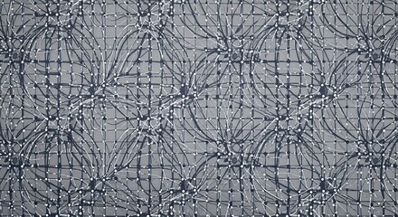 Intricate abstract network pattern featuring interconnected lines and nodes on a gray background, suggesting a complex digital structure.