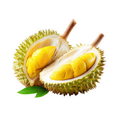 Fototapeta premium Two halves of a durian fruit, with segments of bright yellow flesh, and green husk