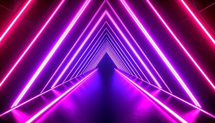 Abstract glowing neon triangle tunnel with purple and pink lights design