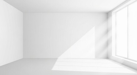 Fototapeta premium Bright and minimalist empty white room interior, featuring modern architectural design illuminated by natural sunlight casting dramatic diagonal shadows.