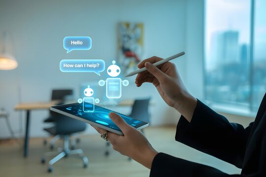 Close up of a person using a stylus on a tablet displaying a holographic chatbot interface with ai conversation bubbles and a robot icon in a modern office setting