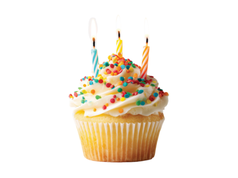 cupcake with three lit candles and colorful birthday isolated on transparent background png