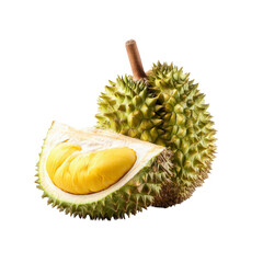Naklejka premium Durian fruit, whole and sliced, showing yellow flesh