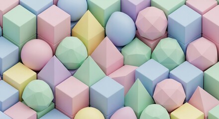 Pastel geometric shapes background featuring cubes, spheres, pyramids, and polyhedral balls arranged in a visually appealing pattern, perfect for a modern, creative, and colorful backdrop.