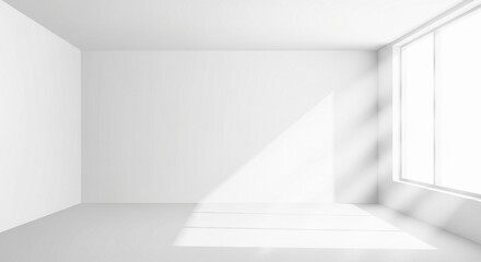 Minimalist white room with bright sunlight streaming through a large window, creating dramatic shadows and an airy, modern ambiance.