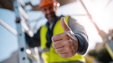 Construction worker in safety vest and hard hat gives thumbs up gesture while standing near ladder. image conveys sense of positivity and safety in work environment