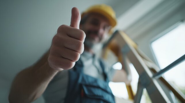 Skilled worker giving thumbs up while standing on ladder, wearing hard hat and work attire. image conveys sense of accomplishment and safety in construction or renovation setting