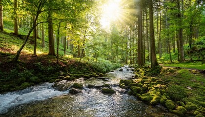 Obraz premium connect with nature in a lush green forest with sun rays filtering through the trees and a serene stream flowing through the landscape