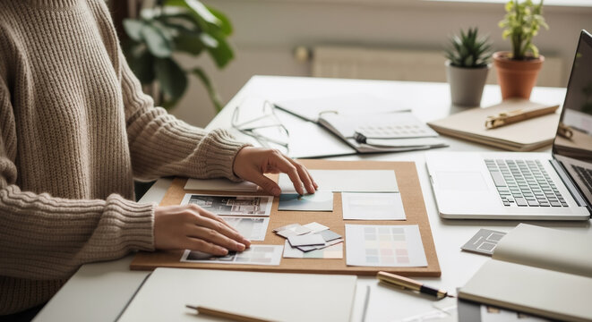 Creative professional creating a mood board with photos and color swatches at a white desk