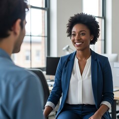 Two people engaged in a discussion in an office setting.