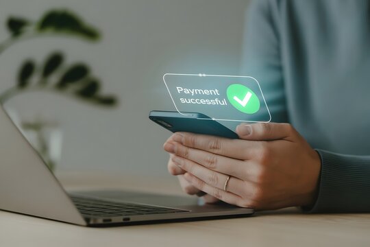 Close up of a person holding a smartphone with a glowing digital payment confirmation screen showing a successful transaction next to a laptop computer