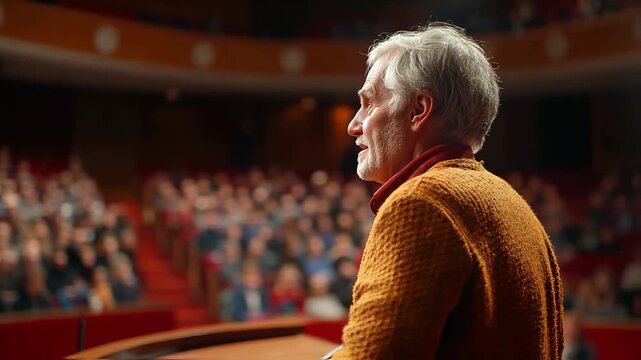 Side view of an older man in a presentation. Audience blurred in the background