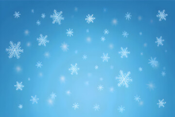 Calm winter scene with floating snowflakes on blue, modern banner and cover template