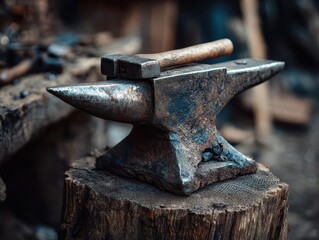 Anvil with hammer sitting on a stump in a workshop, tools in background