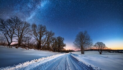 a breathtaking view of the star studded sky above a serene snow covered road flanked by bare trees on a winter night in the countryside