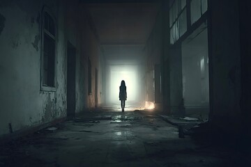Lonely girl walking in dark abandoned corridor with light at the end