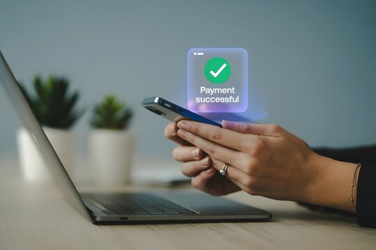 Close up of hands holding a smartphone displaying a successful payment confirmation with a green checkmark overlayed on a laptop screen in a modern office setting
