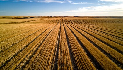 Aerial View of Golden Wheat Field after Harvest in Rural Area with Blue Sky