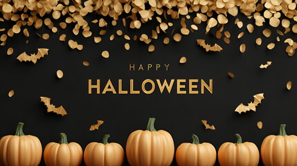 Halloween pumpkins decorated with gold confetti and bats on black background